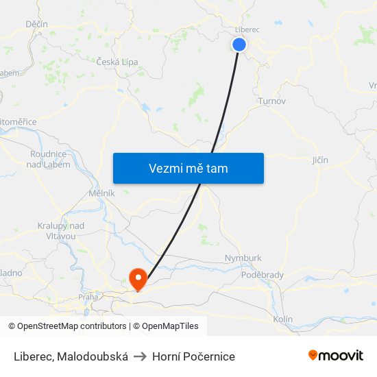 Liberec, Malodoubská to Horní Počernice map