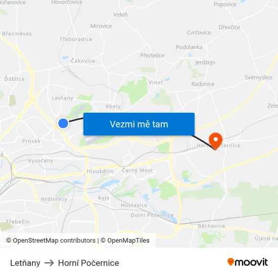 Letňany to Horní Počernice map