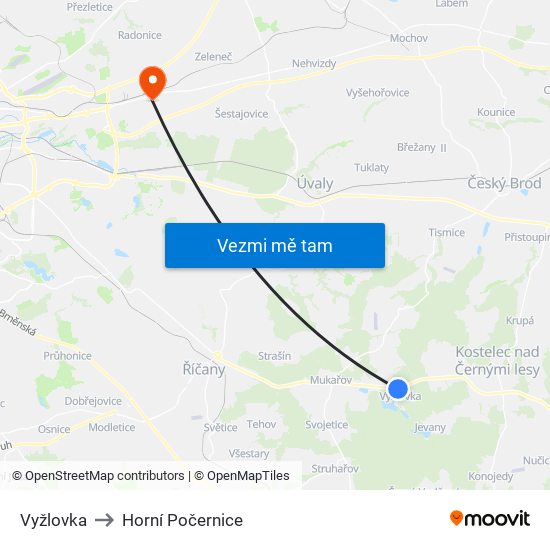 Vyžlovka to Horní Počernice map