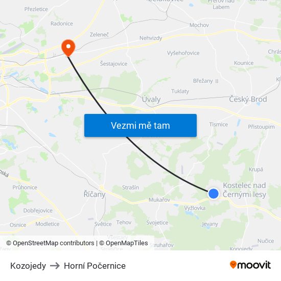 Kozojedy to Horní Počernice map