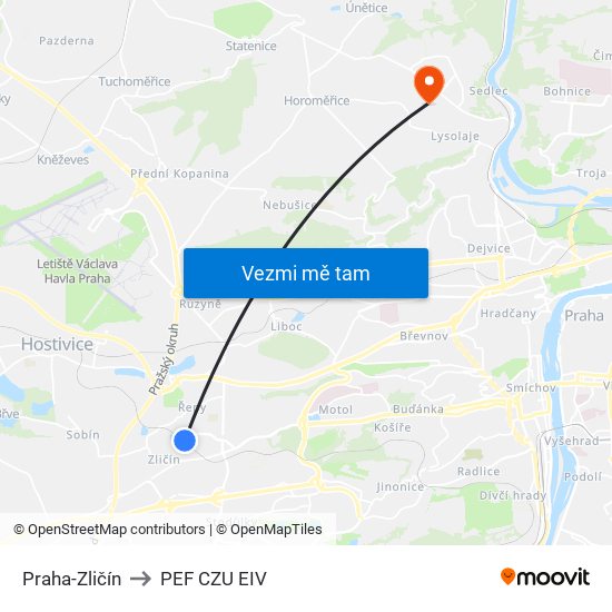 Praha-Zličín to PEF CZU EIV map