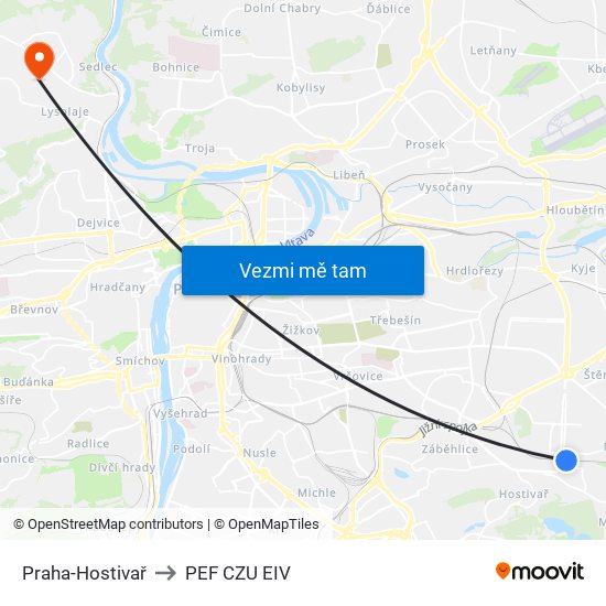 Praha-Hostivař to PEF CZU EIV map