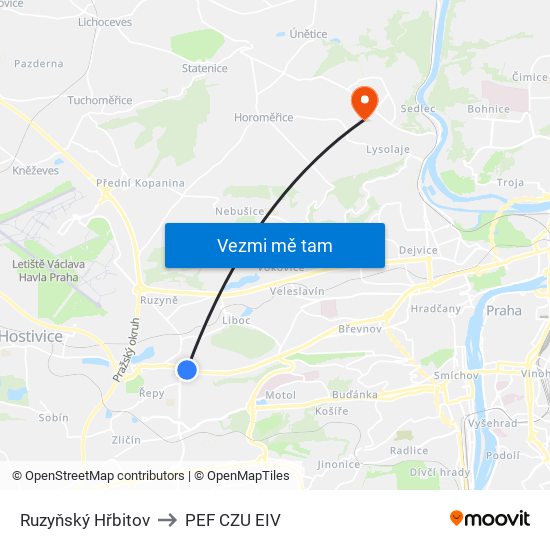 Ruzyňský Hřbitov to PEF CZU EIV map