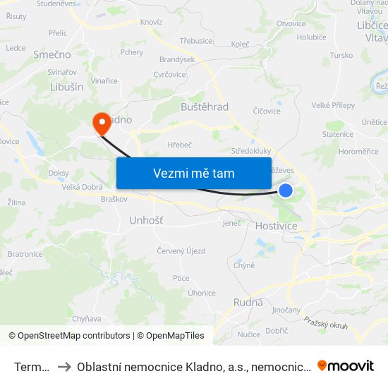 Terminál 1 to Oblastní nemocnice Kladno, a.s., nemocnice Středočeského kraje map