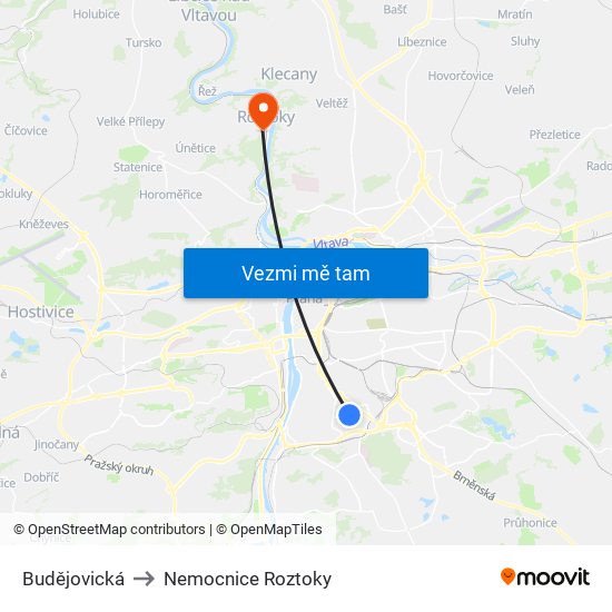 Budějovická to Nemocnice Roztoky map