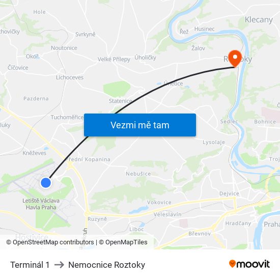 Terminál 1 to Nemocnice Roztoky map