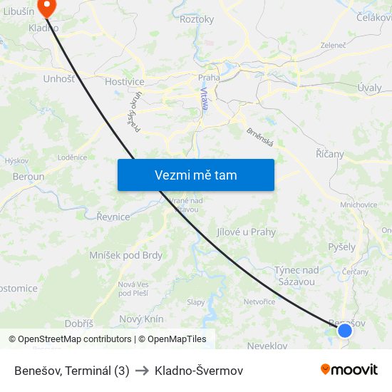 Benešov, Terminál (3) to Kladno-Švermov map