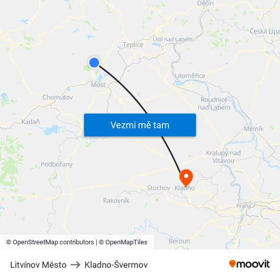 Litvínov Město to Kladno-Švermov map