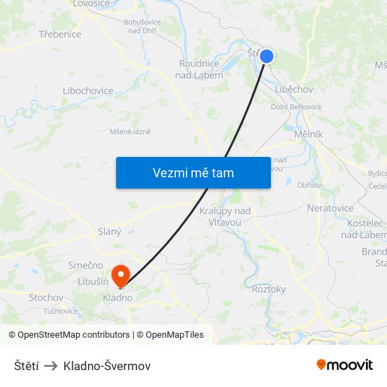 Štětí to Kladno-Švermov map