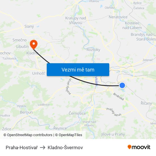 Praha-Hostivař to Kladno-Švermov map