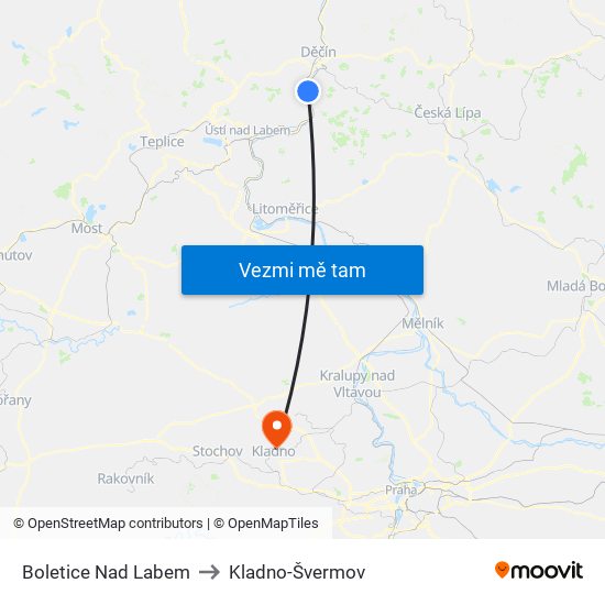 Boletice Nad Labem to Kladno-Švermov map