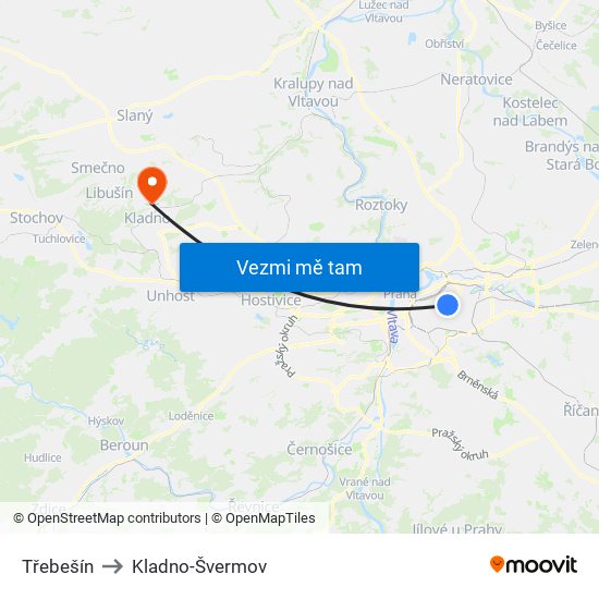 Třebešín to Kladno-Švermov map