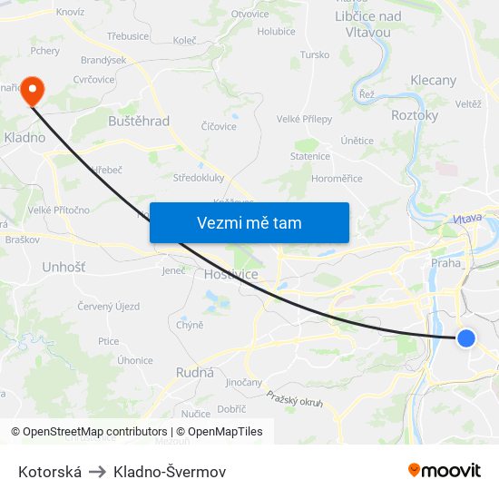 Kotorská to Kladno-Švermov map