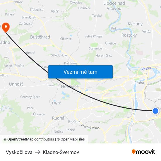 Vyskočilova to Kladno-Švermov map