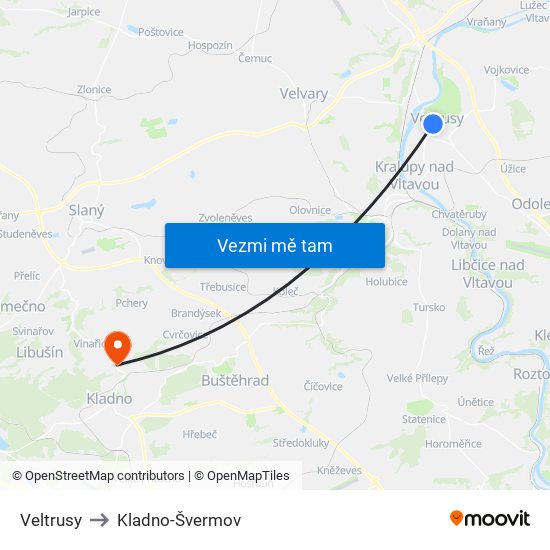 Veltrusy to Kladno-Švermov map