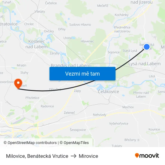 Milovice, Benátecká Vrutice to Mirovice map