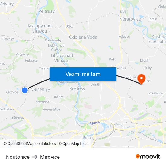 Noutonice to Mirovice map