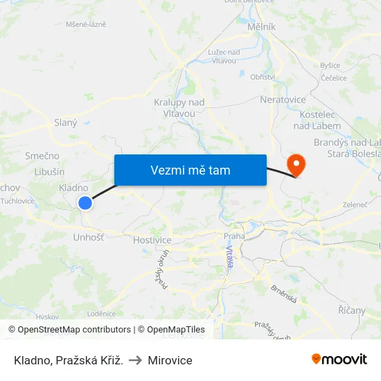 Kladno, Pražská Křiž. to Mirovice map