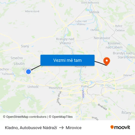 Kladno, Autobusové Nádraží to Mirovice map