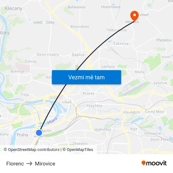 Florenc to Mirovice map
