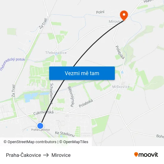 Praha-Čakovice to Mirovice map