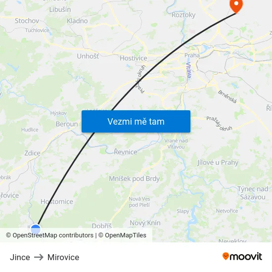 Jince to Mirovice map