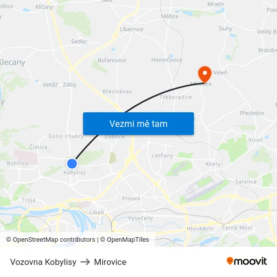 Vozovna Kobylisy to Mirovice map