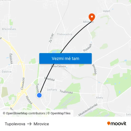 Tupolevova to Mirovice map