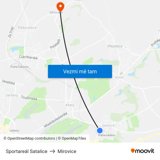 Sportareál Satalice to Mirovice map