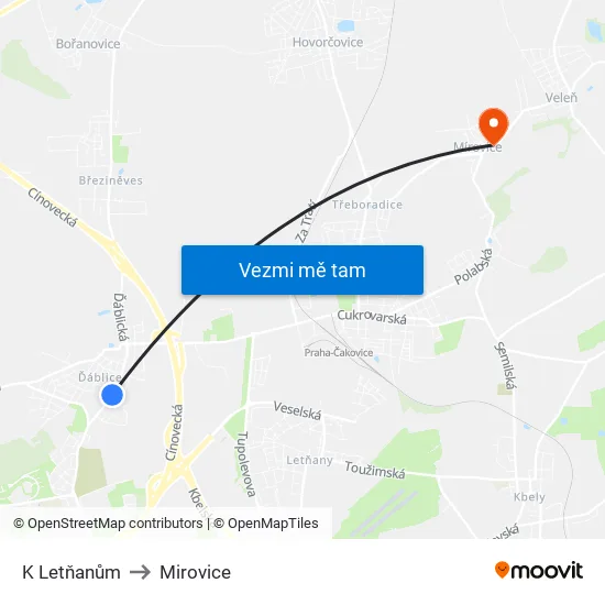 K Letňanům to Mirovice map