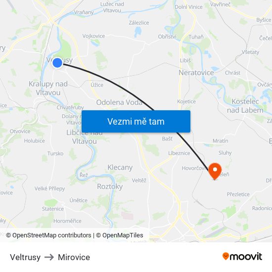 Veltrusy (B) to Mirovice map