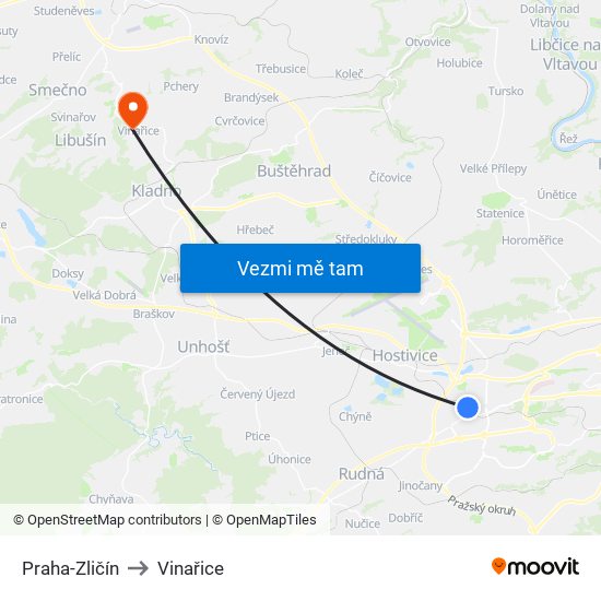 Praha-Zličín to Vinařice map