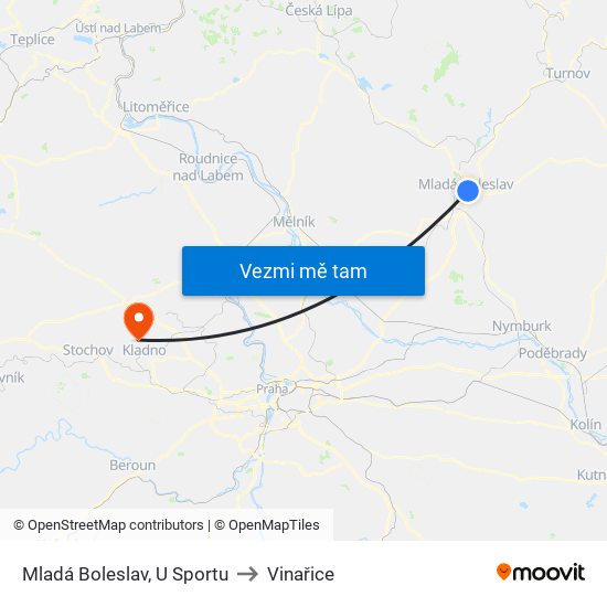 Mladá Boleslav, U Sportu to Vinařice map