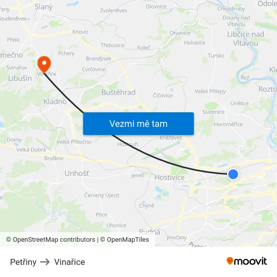 Petřiny to Vinařice map