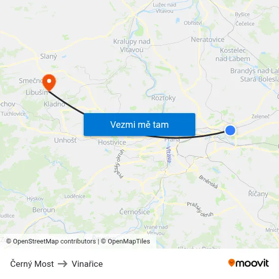 Černý Most to Vinařice map