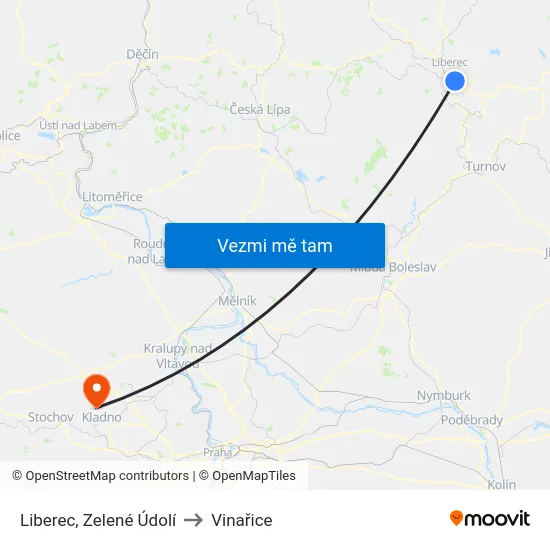 Liberec, Zelené Údolí to Vinařice map