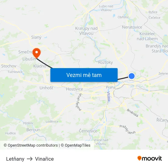 Letňany to Vinařice map