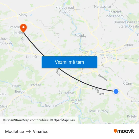 Modletice to Vinařice map