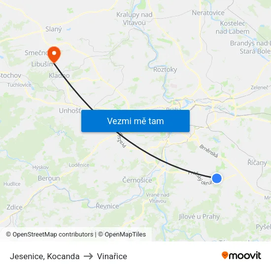 Jesenice, Kocanda to Vinařice map