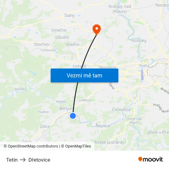 Tetín to Dřetovice map