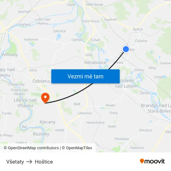 Všetaty to Hoštice map