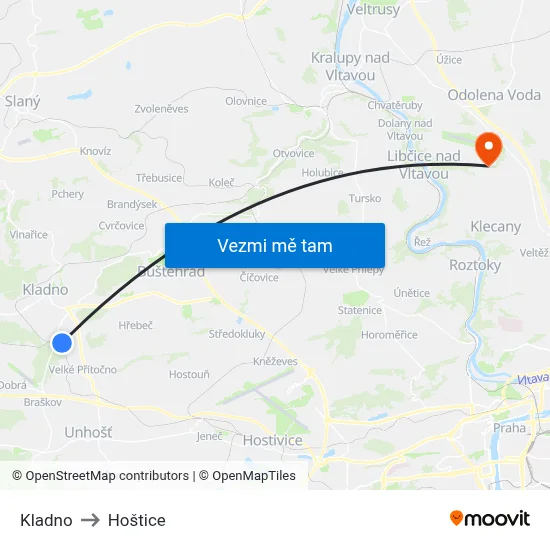 Kladno to Hoštice map