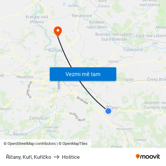 Říčany, Kuří, Kuříčko to Hoštice map