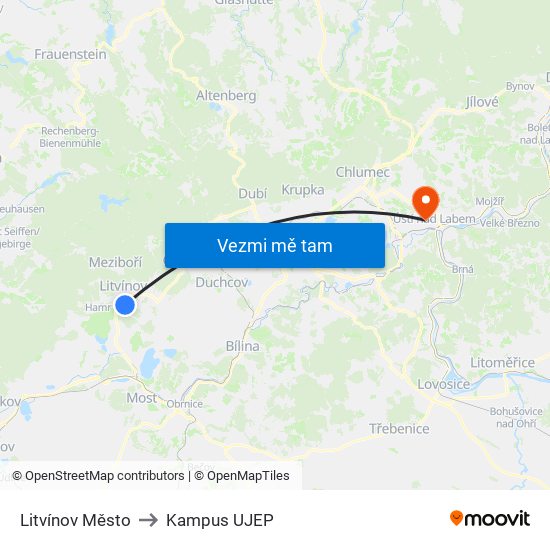 Litvínov Město to Kampus UJEP map