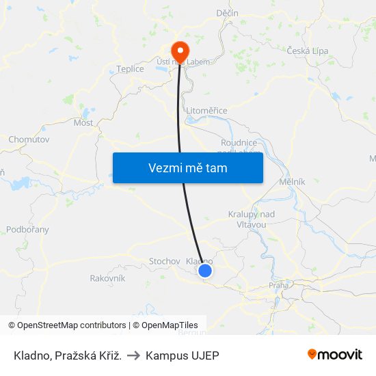 Kladno, Pražská Křiž. to Kampus UJEP map