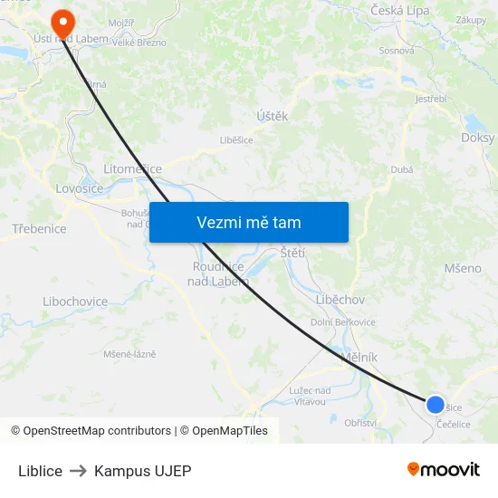 Liblice to Kampus UJEP map