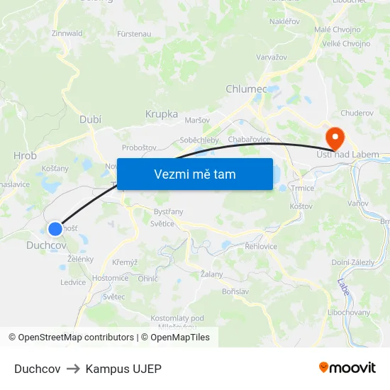 Duchcov to Kampus UJEP map