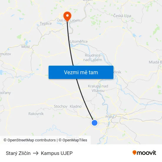 Starý Zličín to Kampus UJEP map
