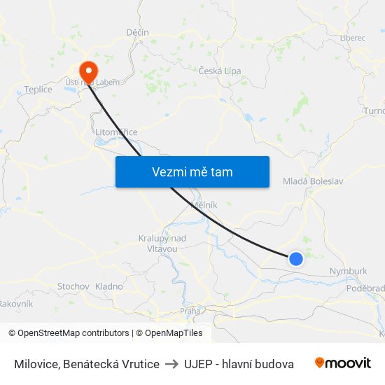 Milovice, Benátecká Vrutice to UJEP - hlavní budova map