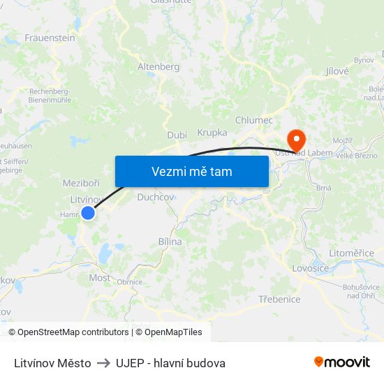 Litvínov Město to UJEP - hlavní budova map